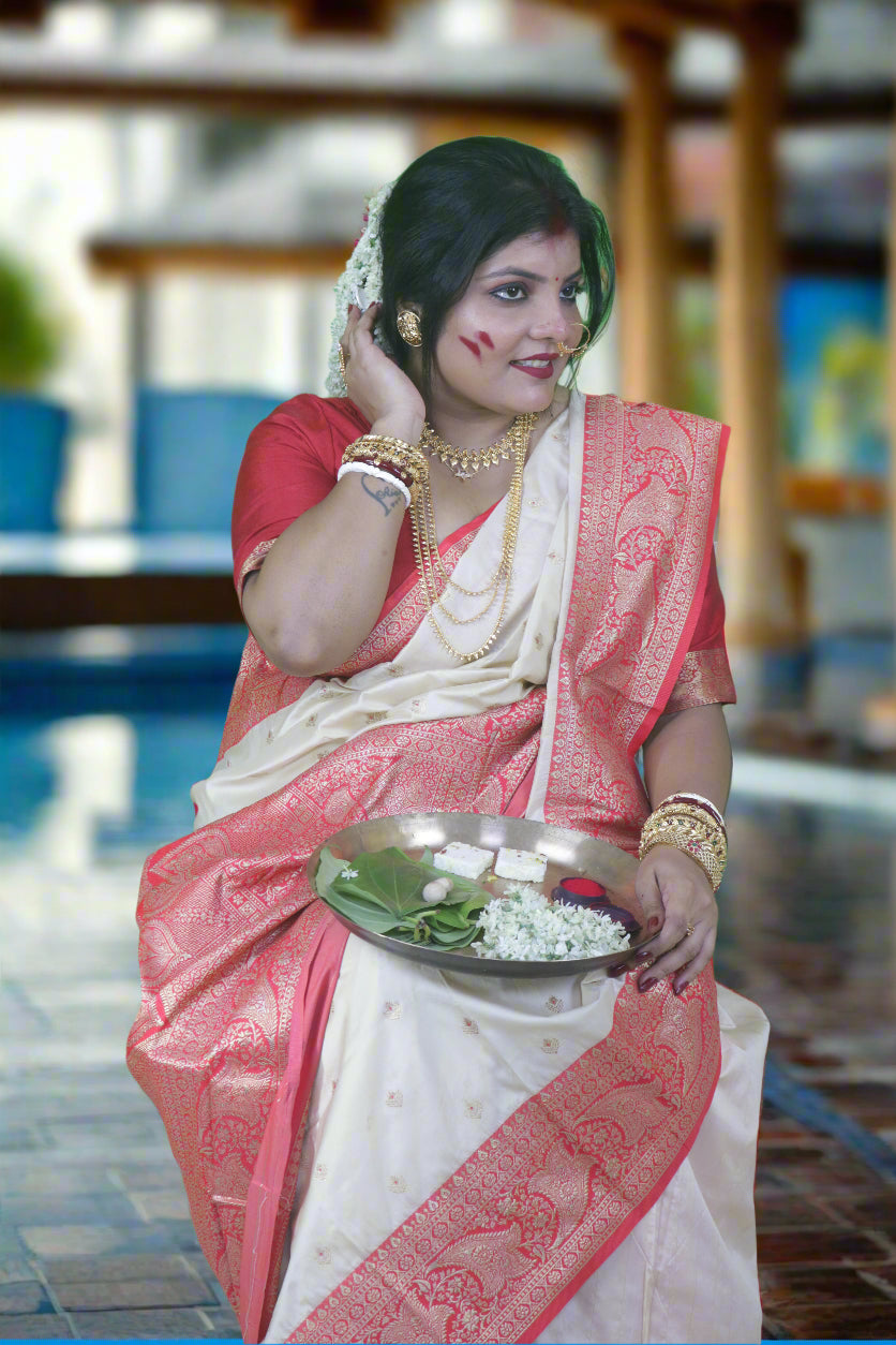 AARNA LUXURY RED & WHITE KATAN SILK SAREE