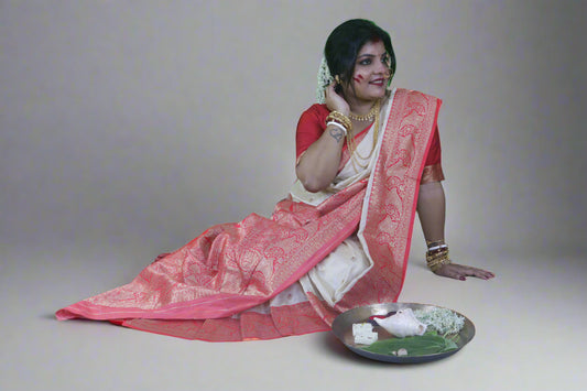 AARNA LUXURY RED & WHITE KATAN SILK SAREE