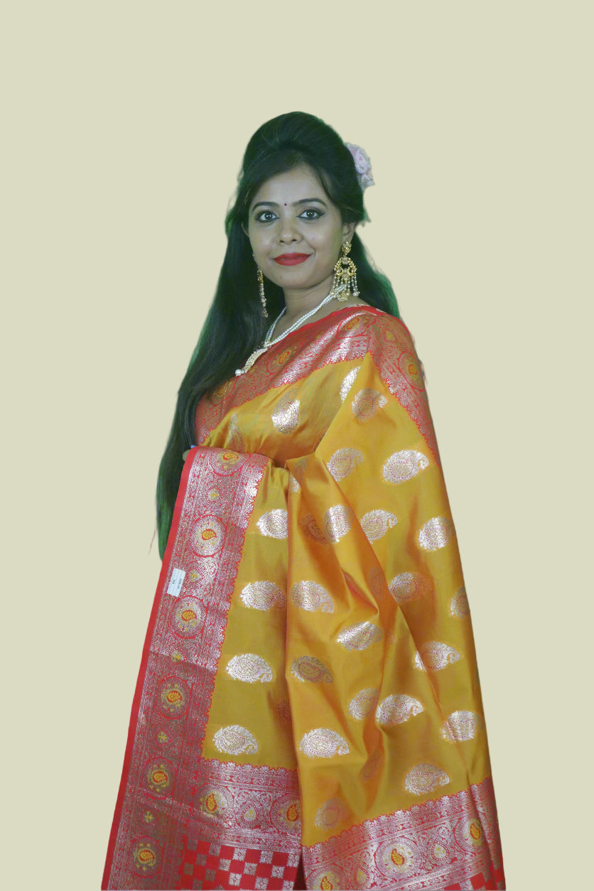 YELLOW & RED SILVER ZARI KATAN SILK SAREE