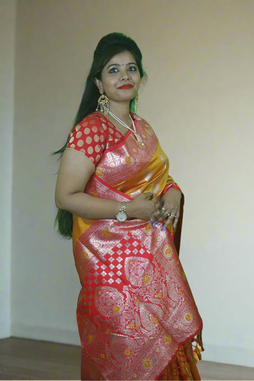 YELLOW & RED SILVER ZARI KATAN SILK SAREE