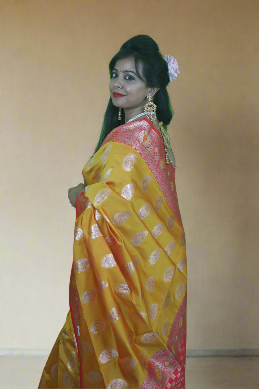 YELLOW & RED SILVER ZARI KATAN SILK SAREE