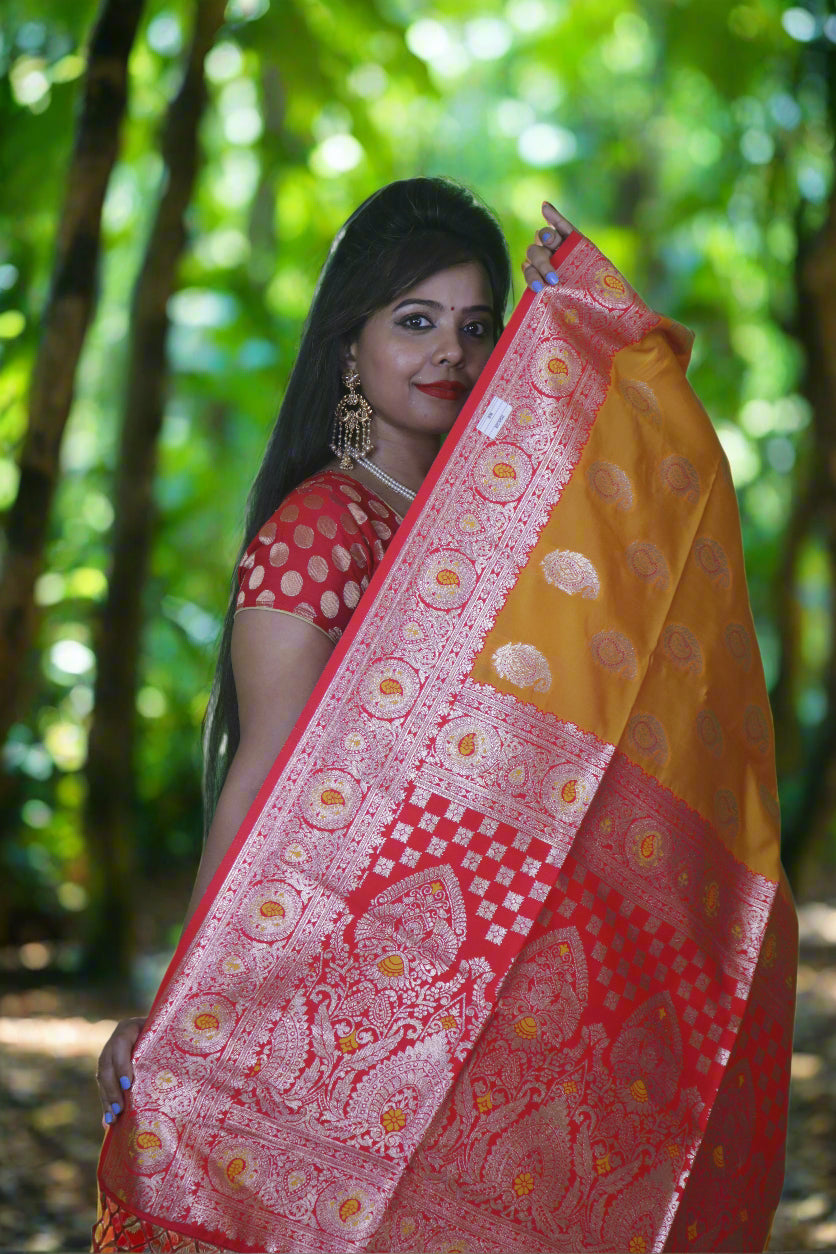 YELLOW & RED SILVER ZARI KATAN SILK SAREE
