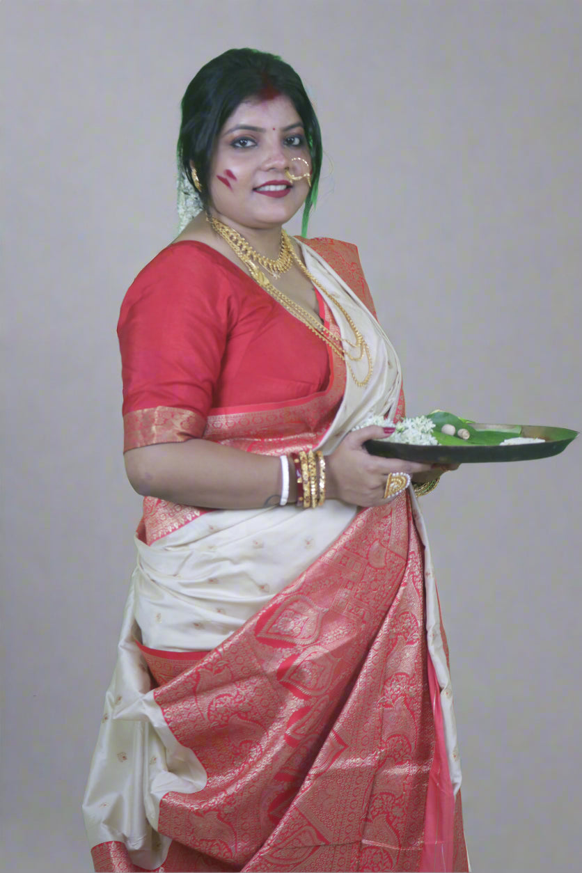 AARNA LUXURY RED & WHITE KATAN SILK SAREE