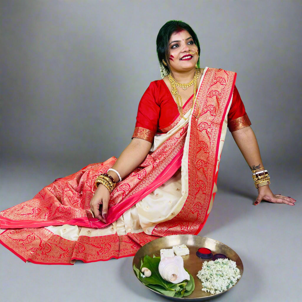 AARNA LUXURY RED & WHITE KATAN SILK SAREE